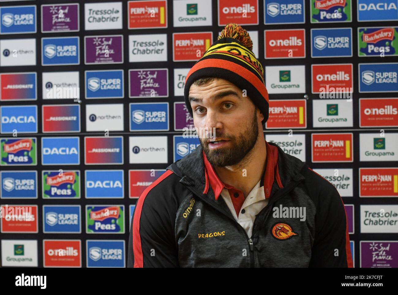 Â©PHOTOPQR/l'INDÉPENDANT/Clementz Michel ; PERPIGNAN ; 22/01/2021 ; PERPIGNAN LE 22 JANVIER 2021 / SPORT / RUGBY A XIII / RFL SUPERLEAGUE BETFRED / PORTRAIT DU NOUVEAU JOUEUR DES DRAGONS CATALANS MIKE MCMEEKEN DEUXIEME LIGNE INTERNATIONAL ANGLAIS EVOLUANT A CASTLEFORD / STADE GILBERT BRUTUS DE PERPIGNAN / - MIKE MCMEEKEN DE CASTELFORT JOUE AVEC LES CATALANS Banque D'Images