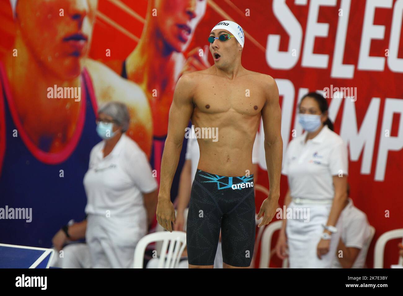 ©PHOTOPQR/LE COURRIER PICARD/HASLIN ; Chartres ; 18/06/2021 ; 18/06/21 Championnats de France de création grand bassin à Chartres Jordan Pothain (Nice) 100m série de bibliothes photo Fred HASLIN - 2021/06/18. Championnats de natation français Banque D'Images