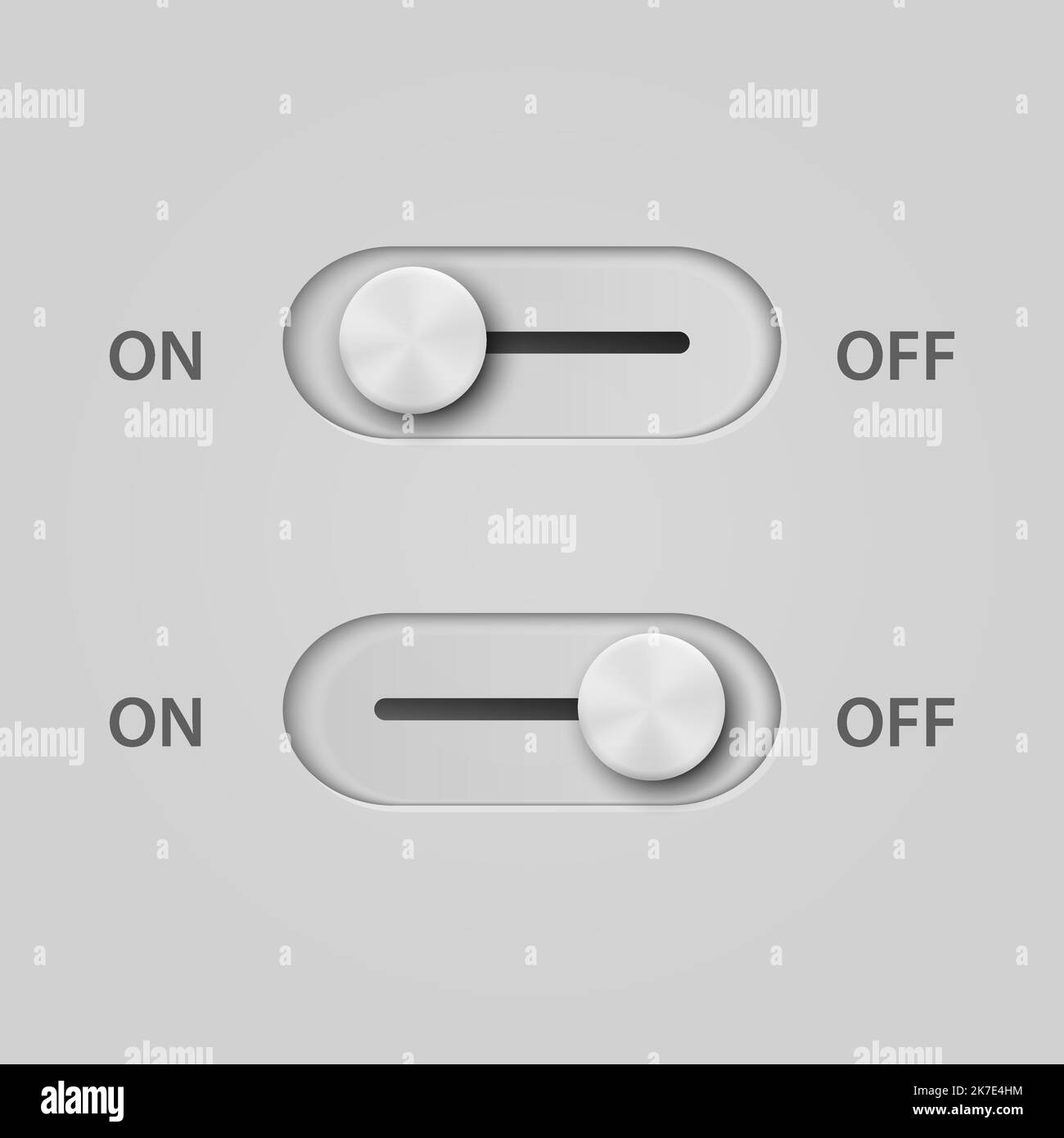 Vector 3D blanc réaliste On Off boutons de commutation gros plan. Concept de choix des boutons du lecteur. Oui ou non , plus ou moins Illustration de Vecteur