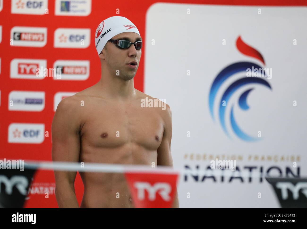 ©PHOTOPQR/LE COURRIER PICARD/HASLIN ; Chartres ; 16/06/2021 ; 16/06/21 Championnat de France de création grand bassin à Chartres Mewen Tomac (Amiens) champion de France du 100m dos et qualifié pour les Jeux Olympiques de Tokyo photo Fred HASLIN - Championnat de natation français Banque D'Images