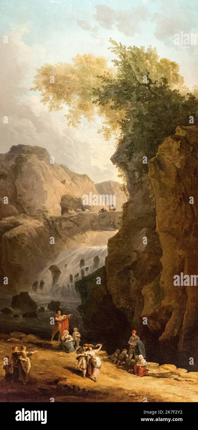 ©Active Museu/MAXPPP - ActiveMuseum 0000284.jpg / la danse - Hubert Robert (1777) - 1777 - / Hubert Robert / Musée actif de la peinture / Pont du Pictorium ,Fête (fête) ,falaise ,courant ,danse musicien ,nature ,rivière (petite) ,Rock ,promenade ,arbre ,vertical ,18th siècle ,Hubert Robert ,peinture , Banque D'Images