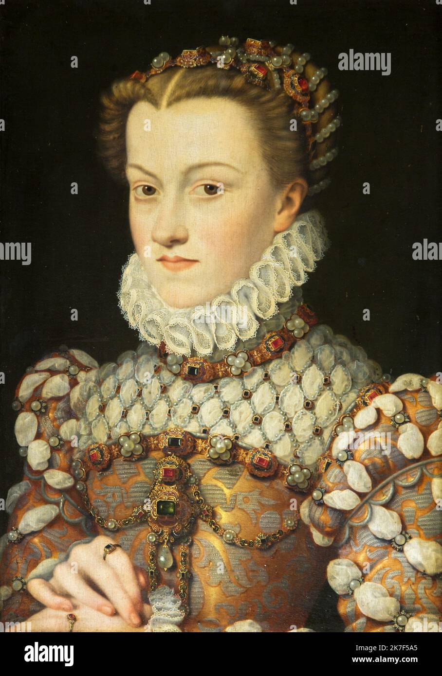©Active Museu/MAXPPP - ActiveMuseum 0000765.jpg / Elisabeth d'Autriche, 1571 - Francois Clouet 1571 - / Francois Clouet / peinture Active Museum / le Pictorium Eyes, hairstyle, Jewel, collier, Portrait, Pierre précieuse, Ruff, vertical, femme, Elisabeth d'Autriche, 16th Century Francois Clouet, peinture , Banque D'Images