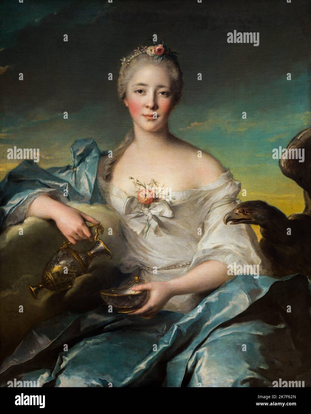 ©Active Museu/MAXPPP - ActiveMuseum 0001087.jpg / Madame le Fevre de Caumartin comme Hebe, 1753 - Jean Marc Nattier 1753 - / Jean Marc Nattier / Musée actif de la peinture / le Pictorium couronne de fleur, coupe, robe, aigle, fleur, déesse, grec, mythologie, Pitcher, Portrait, style rococo, vertical, femme, Hebe, 18th siècle, Jean Marc Nattier, peinture , Banque D'Images