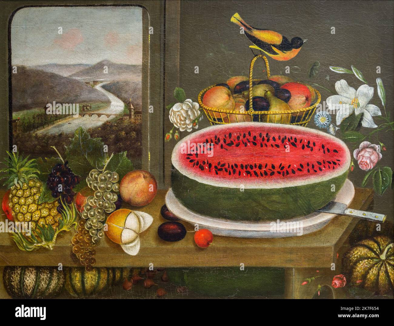 ©Active Museu/MAXPPP - ActiveMuseum 0001157.jpg / fruits et oriole de Baltimore - Wagguno (1858) 1858 - / Wagguno / peinture Active Museum / le Pictorium Panier ,Pont ,Fleur ,fruit ,Grape ,couteau ,Paysage ,Melon ,Oriole ,ananas , STILL-Life (composition) ,Watercourse ,Watermelon ,19th Century ,peinture ,Wagguno Banque D'Images
