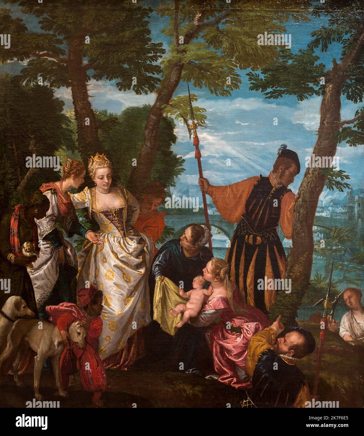 ©Active Museu/MAXPPP - ActiveMuseum 0001400.jpg / Moise sauve des eaux, vers 1570 - Veronese (Paolo Caliari) 1570 - / Paul Veronese (Paolo Caliari) / Peinture Active Museum / le Pictorium Baby ,Biblic Story ,enfant ,ciel nuageux ,Couronne ,chien ,Robe ,Garde ,Homme ,Manniérisme ,nature ,Reine ,Ray de soleil ,sauver ,Suite ,verticale ,eau ,femme ,Bois (forêt) ,Moïse ,16th siècle Paolo Veronese (Paolo Caliari) ,peinture , Banque D'Images