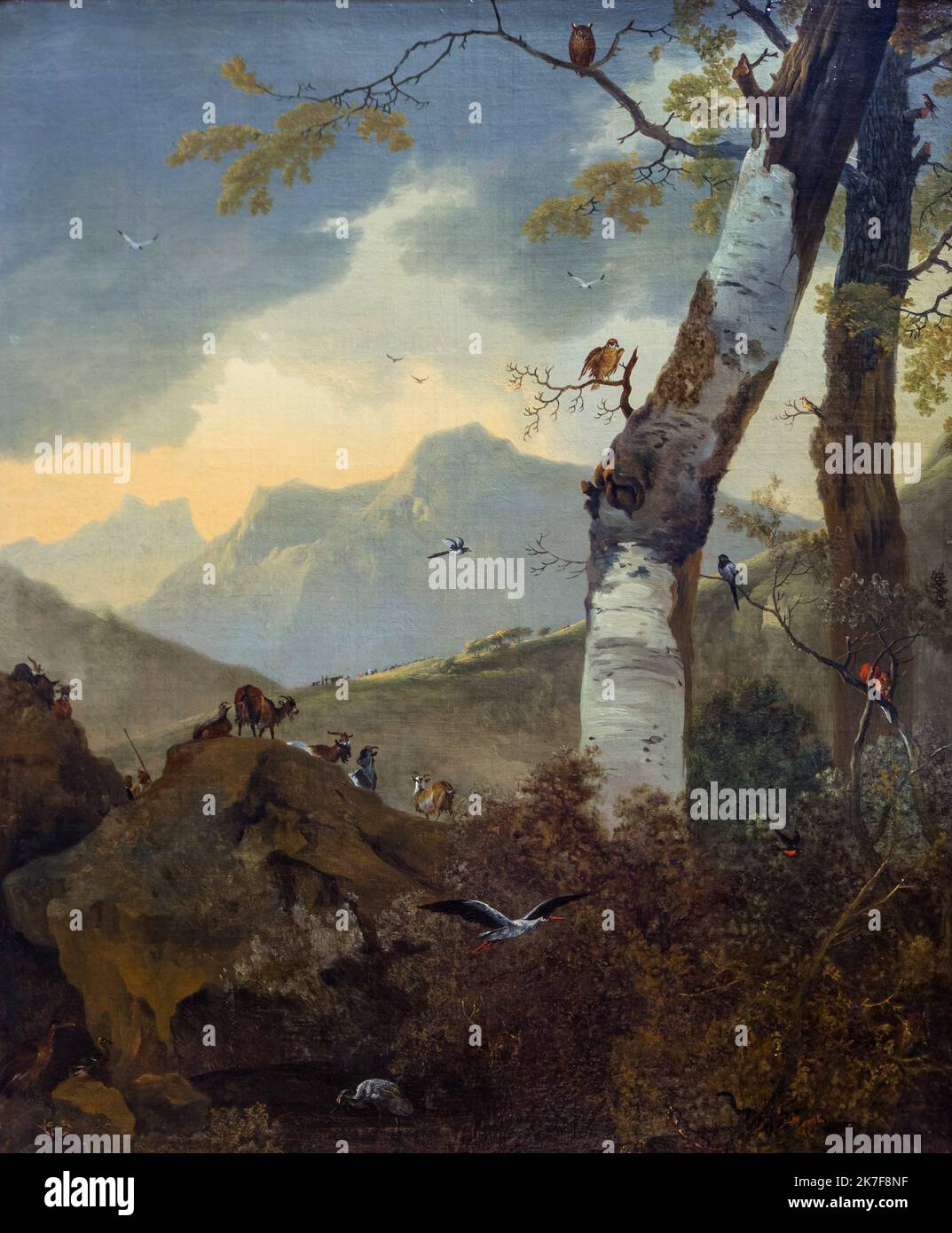 ©Active Museu/MAXPPP - ActiveMuseum 0001961.jpg / Paysage de montagne avec chevrons et oiseaux, vers 1659 - Adam Pynacker 1659 - / Adam Pynacker / Peinture Active Museum / le Pictorium Animal, oiseau, oiseau en vol, nuage, Goat, Goat (homme), Herd, Hill, Paysage, montagne, Sheperd, arbre, vertical, 17th siècle Adam Pynacker, peinture , Banque D'Images ©Active Museu/MAXPPP - ActiveMuseum 0001961.jpg / Paysage de montagne avec chevrons et oiseaux, vers 1659 - Adam Pynacker 1659 - / Adam Pynacker / Peinture Active Museum / le Pictorium Animal, oiseau, oiseau en vol, nuage, Goat, Goat (homme), Herd, Hill, Paysage, montagne, Sheperd, arbre, vertical, 17th siècle Adam Pynacker, peinture , Banque D'Images