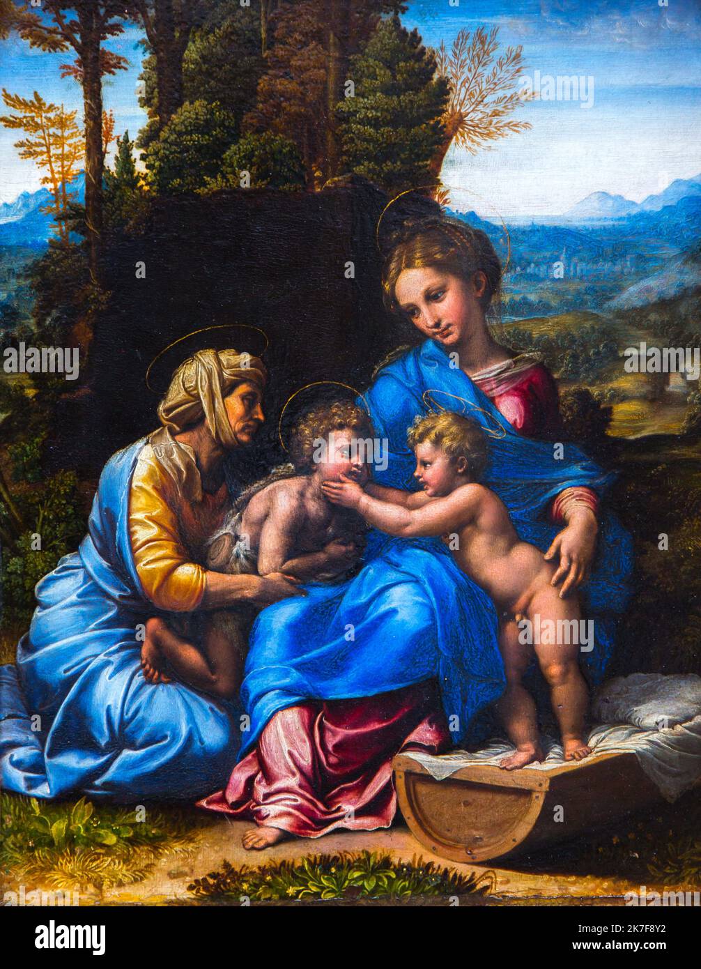 ©Active Museu/MAXPPP - ActiveMuseum 0002213.jpg / la Vierge a l'enfant, sainte Elisabeth et Saint Jean enfant, dite la petite Sainte famille 1515 - / Giulio Pippi, dit Giulio Romano / Musée actif de la peinture / le Pictorium Blue, Catholique (adj et nom) ,Religion catholique ,Catholicisme ,Christian ,religion chrétienne ,Christianisme (religion) ,peinture figurative ,Sainte famille ,Jésus (nourrisson) ,Jésus Christ ,Marie (mère de Jésus) ,religion ,religieuse ,Saint Elisabeth ,Saint Jean ,vertical ,Vierge à l'enfant ,16th siècle ,Giulio Romano ,peinture , Banque D'Images