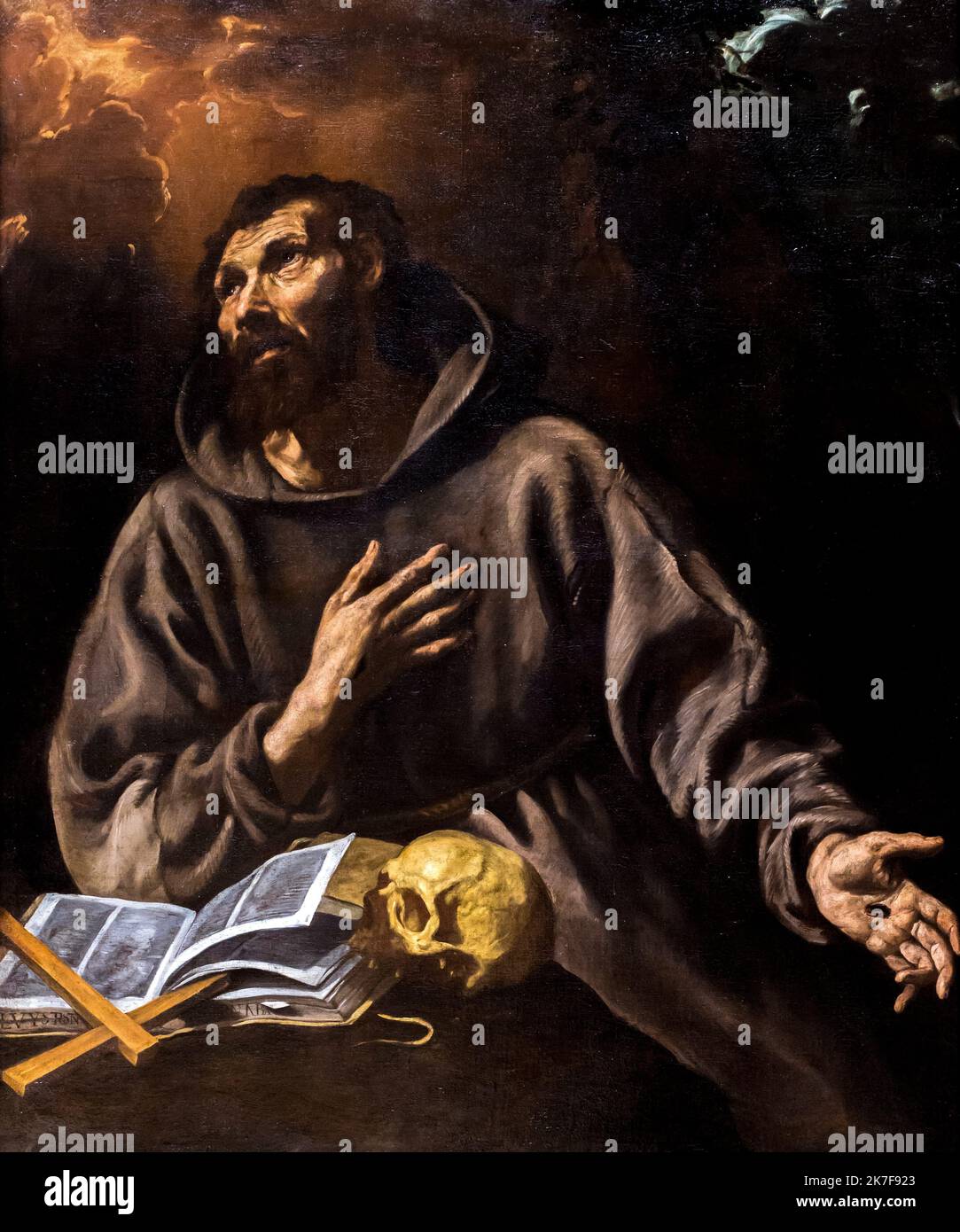 ©Active Museu/MAXPPP - ActiveMuseum 0002265.jpg / la Vision de Saint François d'Assise 1610 - / Luis Tristan / Musée actif de la peinture / le Pictorium Catholique (adj et nom) ,Catholicisme ,Croix ,tête de mort ,peinture figurative ,métier à tisser ,tête (crâne) ,religion ,religieux ,livre religieux ,Saint ,Saint François d'Assise ,vertical ,Vision ,17th siècle ,Luis Tristan ,peinture , Banque D'Images