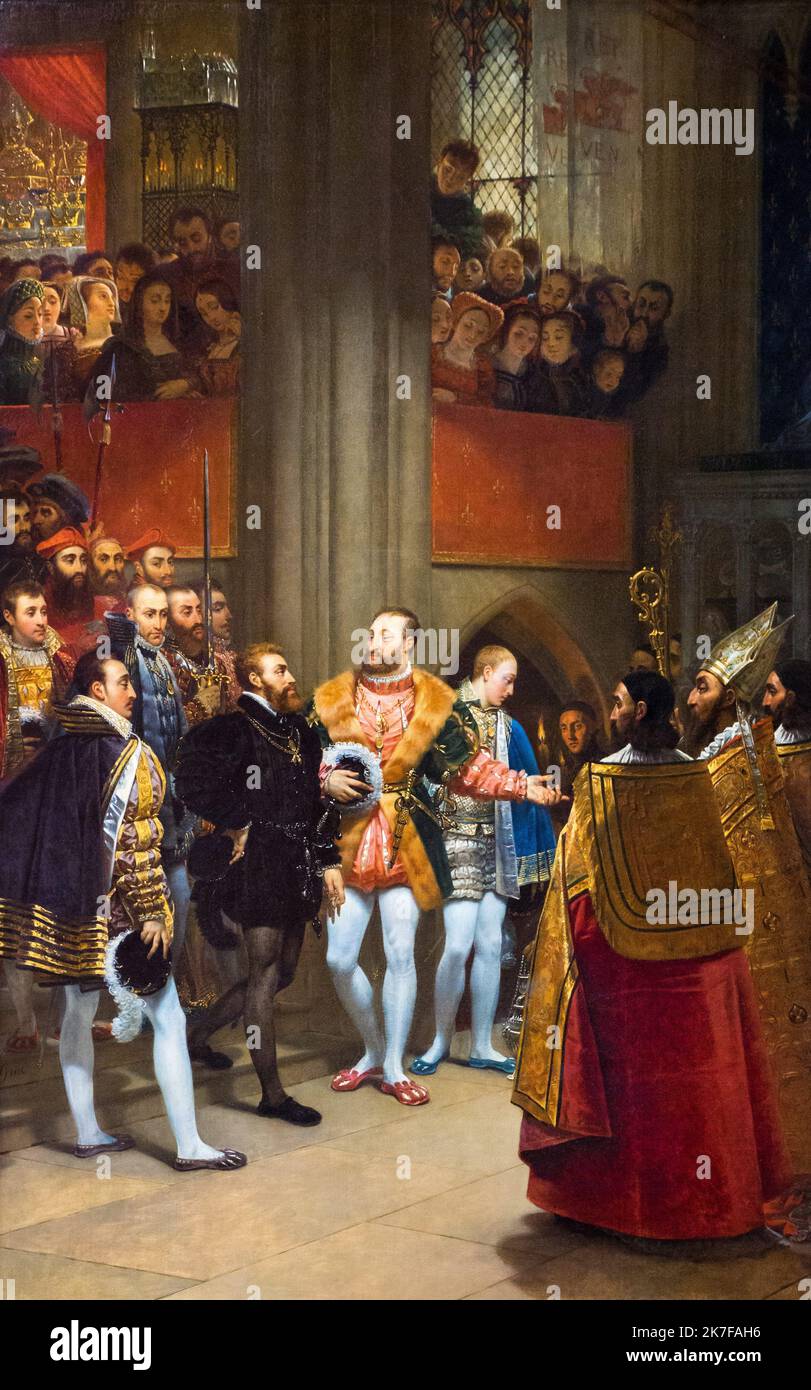 ©Active Museu/MAXPPP - ActiveMuseum 0003321.jpg / Charles Quin recu par François 1er a l'Abbaye de Saint Denis en 1540 Huile sur toile 1540 - / Antoine Jean gros / Musée actif de la peinture / Abbaye du Pictorium, public, Balustrade (raing), Basilique de St Denis ,Beard ,Bishop ,Eglise ,colonne (architecture) ,conversation ,foule ,Empereur ,scène historique ,intérieur (bâtiment) ,Interview () ,Roi de France ,Homme ,Robe officielle ,Pontife ,Roman ,Saint Denis ,Scepter ,vertical , investissement ,femme ,Europe ,France ,Ile-de-France (région) ,Paris ,Europe occidentale ,Charles V ,Francis I de France (), 16th cent Banque D'Images