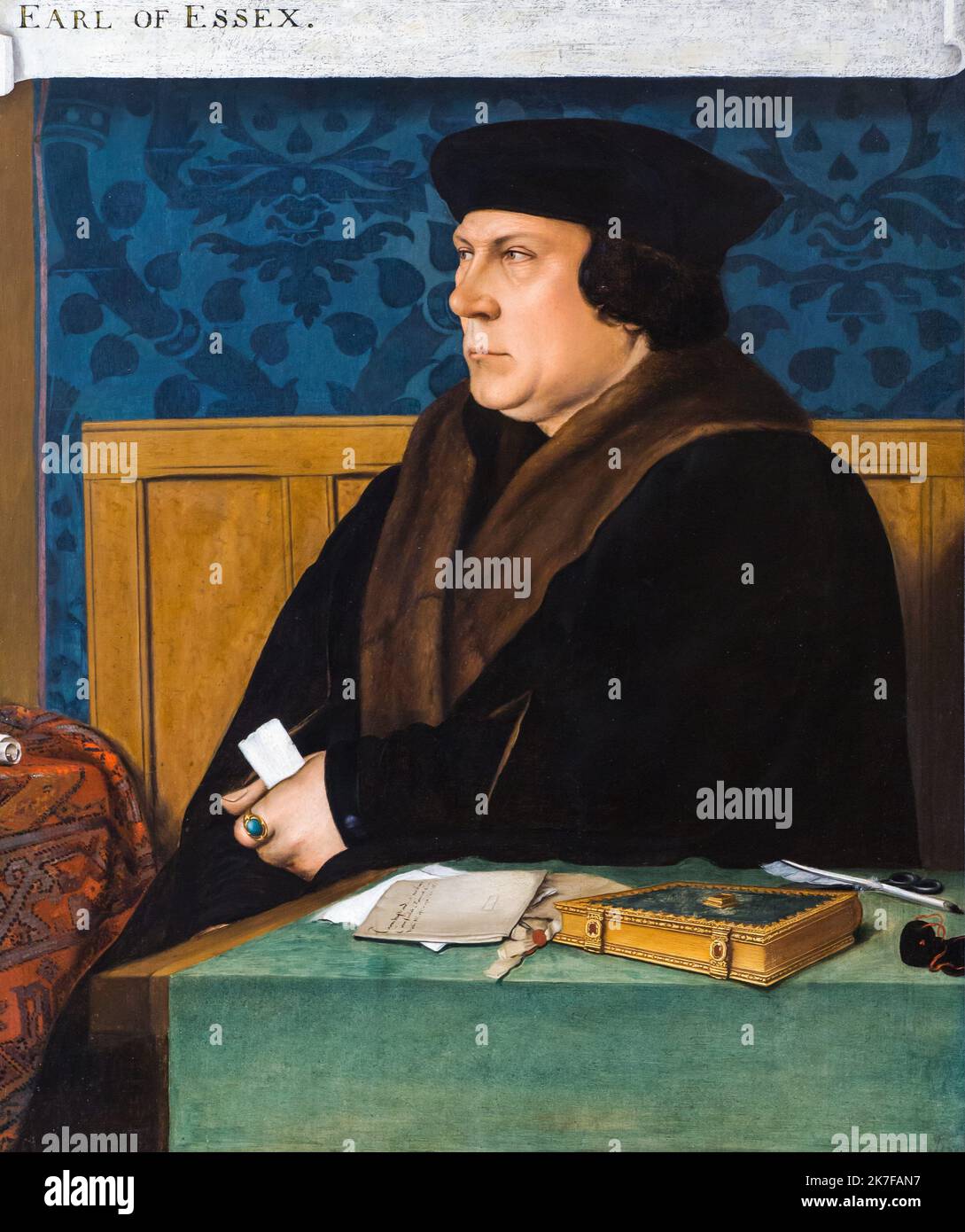 ©Active Museu/MAXPPP - ActiveMuseum 0003625.jpg / Thomas Cromwell, seigneur d'Essex, 1533 - d'apres Hans Holbein le jeune 1533 - / Hans Holbein le Jeune / Musée actif de la peinture / le Pictorium 1 personnes, austère ,Banc (siège) ,Beret ,Bleu ,Livre ,cheveux bruns ,manteau ,fourrure ,Anglais ,Vert ,main ,chapeau ,Roi ,lettre ,Homme ,Noise ,police ,papier ,noble ,diagramme ,Santé ,main ,main ,main ,main ,main ,Portrait ,profil ,réforme ,anneau ,ciseaux ,feuille de papier ,assis (à être) ,souverain , raide , Table , Tablecloth dans le tissu , tapisserie ,vertical ,Word ,Angleterre ,Essex ,Europe ,Royaume-Uni ,Europe de l'Ouest ,Henr Banque D'Images