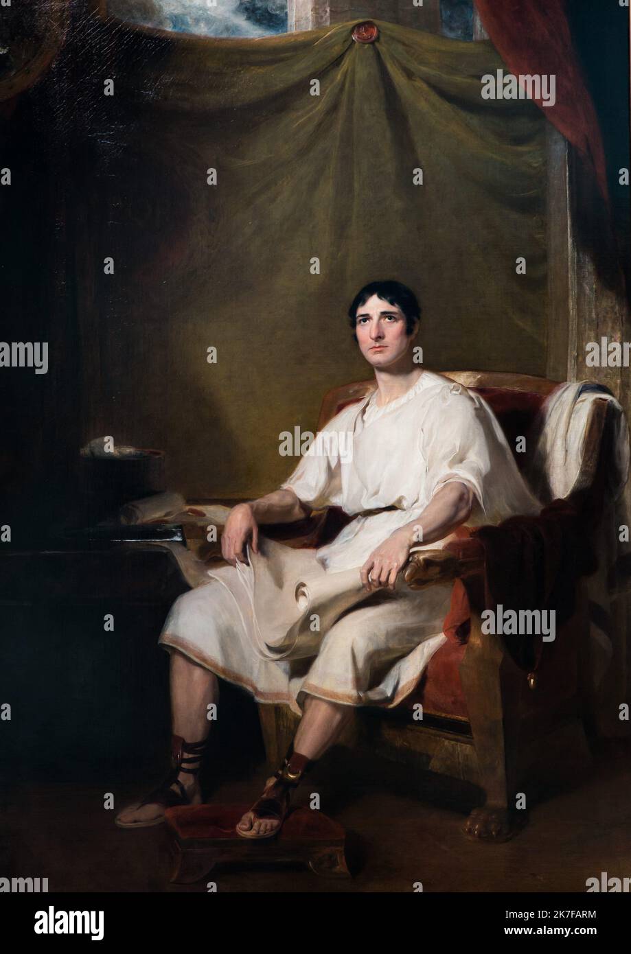 ©Active Museu/MAXPPP - ActiveMuseum 0003746.jpg / John Philip Kemble dit Cato, 1812 - Sir Thomas Lawrence 1812 - / Thomas Lawrence / Musée actif de la peinture / le Pictorium 1 personnes, acteurs, fauteuil ,Blanche ,Brown ,Comedy ,scène dramatique ,tissu ,repose-pieds ,Vert ,Homme ,Manager ,jouer (théâtre) ,jouer (à) ,Portrait ,profil ,lecture ,Sandals ,script ,feuille de papier ,assis à poil court ,Scène (animation) ,Théâtre (lieu) ,tragédie (théâtre -théâtre) ,Triumph ,Tunique ,vertical ,Hamlet () ,John Philip Kemble As Cato ,SHAKESPEARE ,19th Century ,Thomas Lawrence ,peinture , Banque D'Images