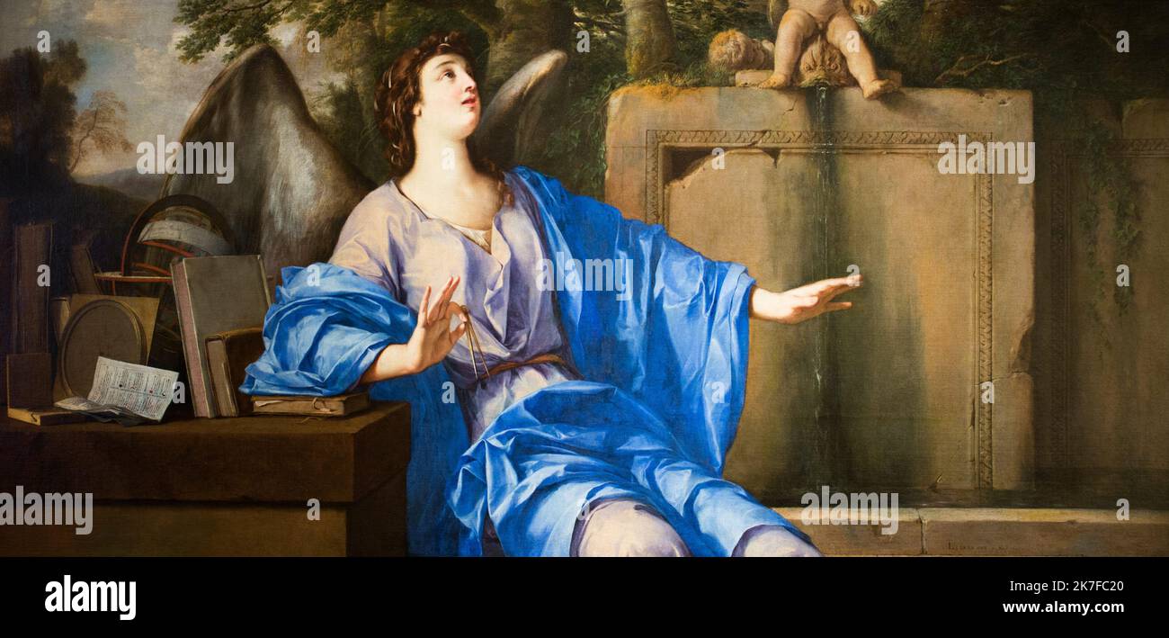 ©Active Museu/MAXPPP - ActiveMuseum 0005984.jpg / Allegorie de l'astronome, allégorie apparat une suite de sept toilette representant les arts liberaux. 1649 - / Laurent de la Hyre / Musée actif de la peinture / le Pictorium Angel ,Livre ,Cherub ,Boussole ,Forêt ,Globe ,horizontal ,Fontaine à eau ,écriture ,17th siècle ,Laurent de la Hyre ,peinture , Banque D'Images