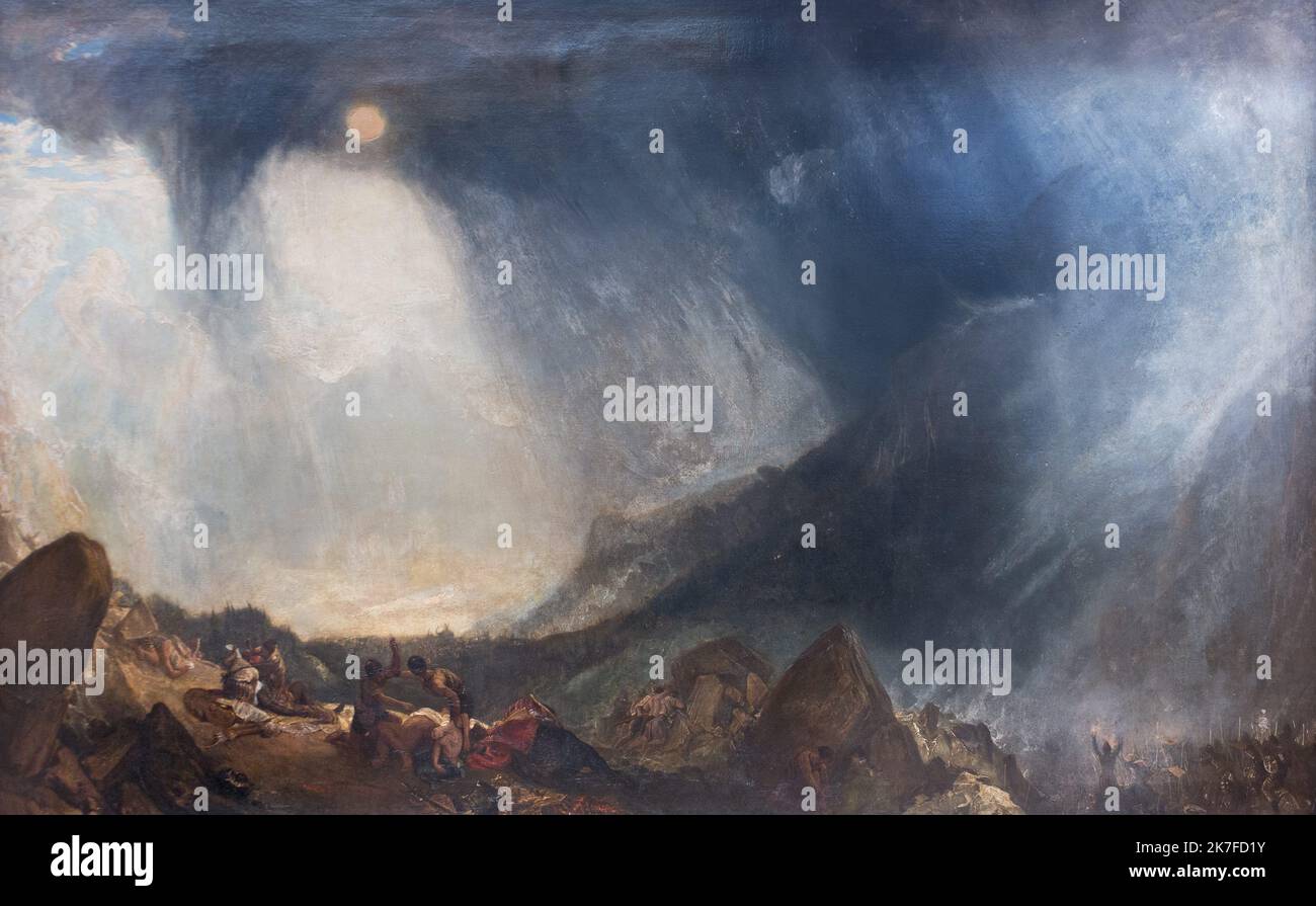 ©Active Museu/MAXPPP - ActiveMuseum 0006487.jpg / Tempte de neige: Hannibal et son armee traversant les Alpes, les savants supposent qu'il fait probablement un paralele avec la lutte continue entre les Anglais et Napoléon de France. Ici Turner imagine le général Carthagenois Hannibal, tentant de conquérant le nord de l'Italie en traversant les Alpes / Joseph Mallord William Turner / peinture Active Museum / le Pictorium Army ,Groupe ,horizontal ,Rock ,Romanticisme ,neige ,Soleil Tempest ,Alpes (The) ,Europe occidentale Hannibal Barca ,19th ,J. Century M. W. Turner ,peinture , Banque D'Images