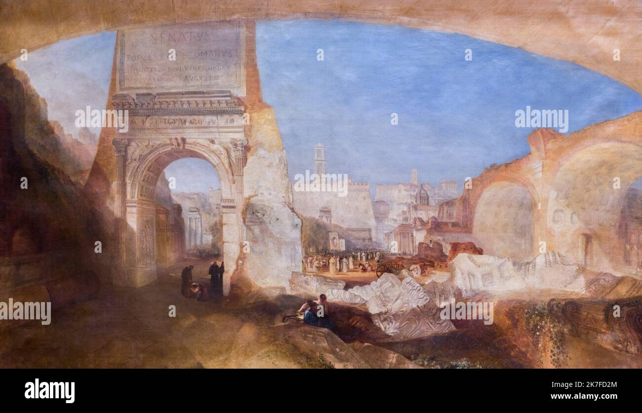 ©Active Museu/MAXPPP - ActiveMuseum 0006504.jpg / le forum romain, pour le musée de Monsieur Soane, il represente l'arche de Titus sur la gauche et la basilique de Constantine sur la droite 1826 - / Joseph Mallord William Turner / Musée actif de la peinture / Arc de Pictorium (Architecture) ,Basilique ,ciel bleu ,Pont ,caractère ,ville ,Forum (romain) horizontal ,Rock ,ruine ,Afrique ,Algérie ,Constantine Afrique du Nord ,19th siècle J. M. W. Turner ,peinture , Banque D'Images