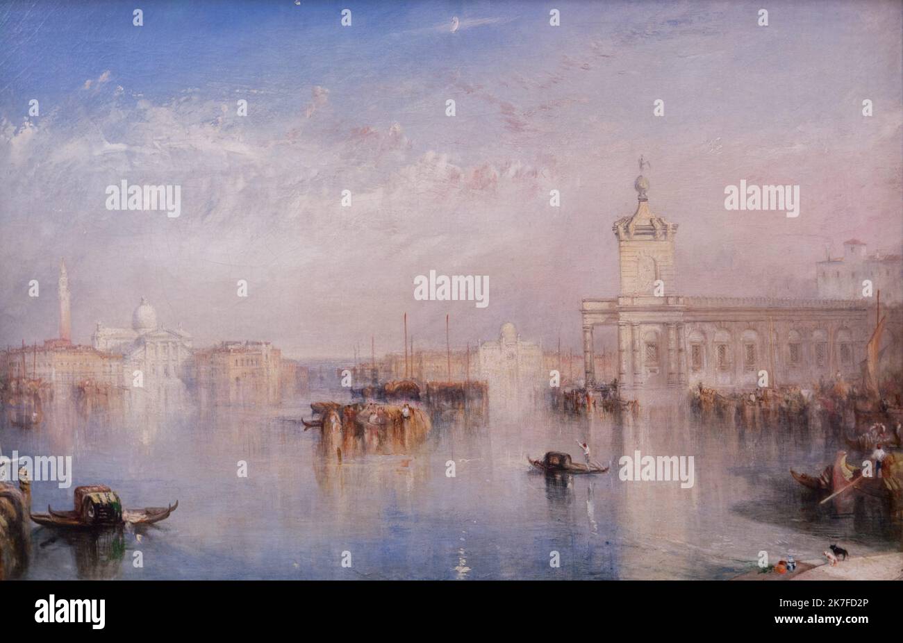 ©Active Museu/MAXPPP - ActiveMuseum 0006505.jpg / le Dogana, San Giorgio, Citella, sur les marches de l'Europe, 'Venise a surement ete interprétation pour et pointe par Turner' ecrit la critique de Art Union quand il vit pour la première fois cette peinture en 1842, c'est une tres belle d'eau combinatoire, d'architecture et de lumière 1842 - / Joseph Mallord William Turner / Musée actif de la peinture / le Pictorium Architecture, mer calme, caractère, ciel nuageux, Gondola, Port, horizontal, lumière chaude, Europe, Italie, Venetia, Venise, Europe occidentale, 19th, siècle J. M. W. Turner ,peinture , Banque D'Images