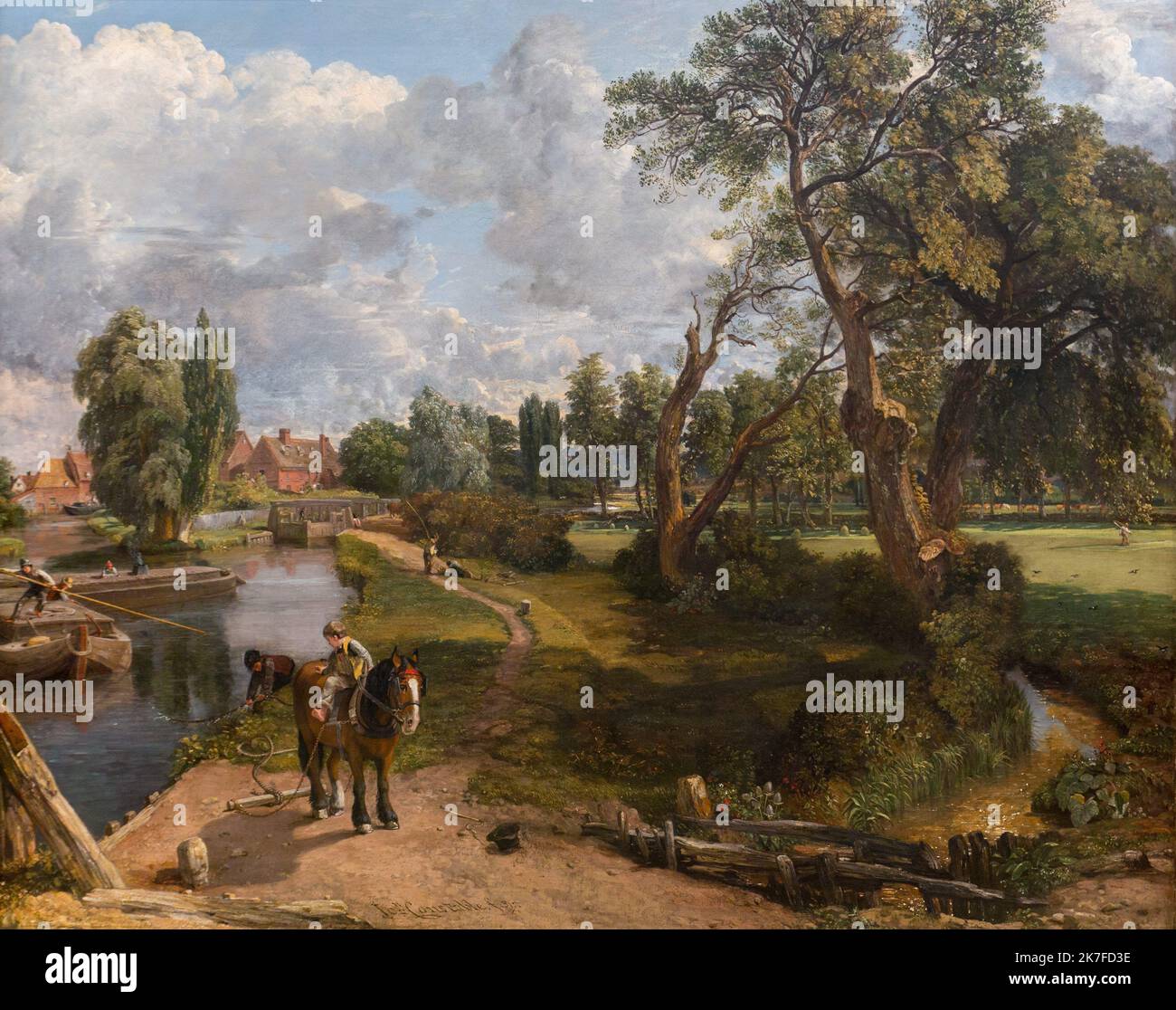 ©Active Museu/MAXPPP - ActiveMuseum 0006532.jpg / le moulin de Flatford (scène sur une rivière navigable) / John Constable / peinture Active Museum / le Pictorium enfant ,ciel nuageux ,Paysage forestier ,horizontal ,Cheval ,Moulin ,Rivière navigable ,Romanticisme ,Village ,19th siècle ,John Constable ,peinture , Banque D'Images