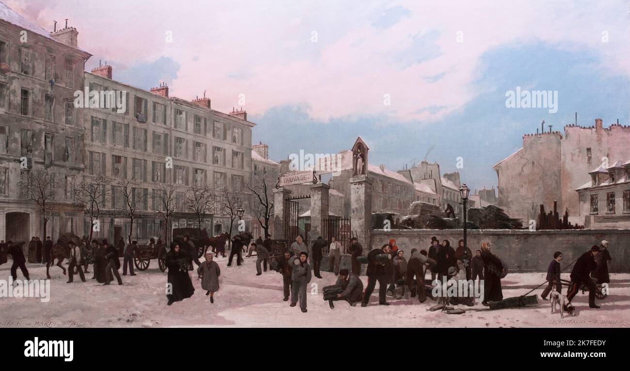 ©Active Museu/MAXPPP - ActiveMuseum 0006728.jpg / Chantier de bois a bruler, boulevard du Montparnasse (janvier 1871) / Didier Jules et Jacques Guiaud / Musée actif de la peinture / Bâtiment le Pictorium (), Construction place, chien, horizontal, chariot à cheval, gens, hiver, Bois, 19th siècle, Jules Didier et Jacques Guiaud, peinture , peinture Banque D'Images