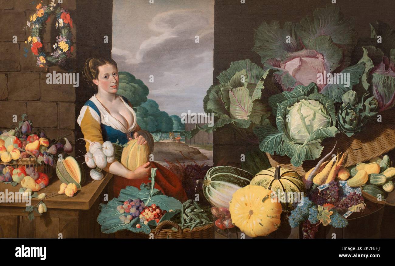 ©Active Museu/MAXPPP - ActiveMuseum 0009631.jpg / Cuisiniere avec la nature morte de légumineuses et fruits 1620 - / Nathaniel Bacon / peinture Active Museum / le Pictorium Cabbage ,Cooker (femme) ,Couronne de fleurs ,fruit ,panier de fruits ,raisin ,Grape ,feuille (légume) ,Melon ,Pear profile 3/4 ,Pimpkin (femmes) ,composition horizontale ,Table ,légumes (alimentation) ,pastèque ,femme ,17th siècle ,Nathaniel Bacon ,peinture , Banque D'Images