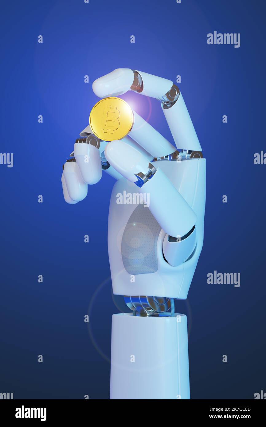 Main robotique tenant un bitcoin sur fond bleu. 3d illustration. Banque D'Images
