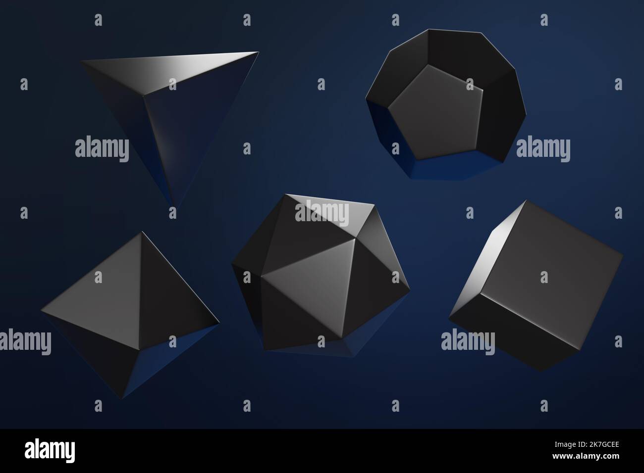 Noir régulier polyhedra ok fond bleu. Solides platoniques. 3d illustration. Banque D'Images