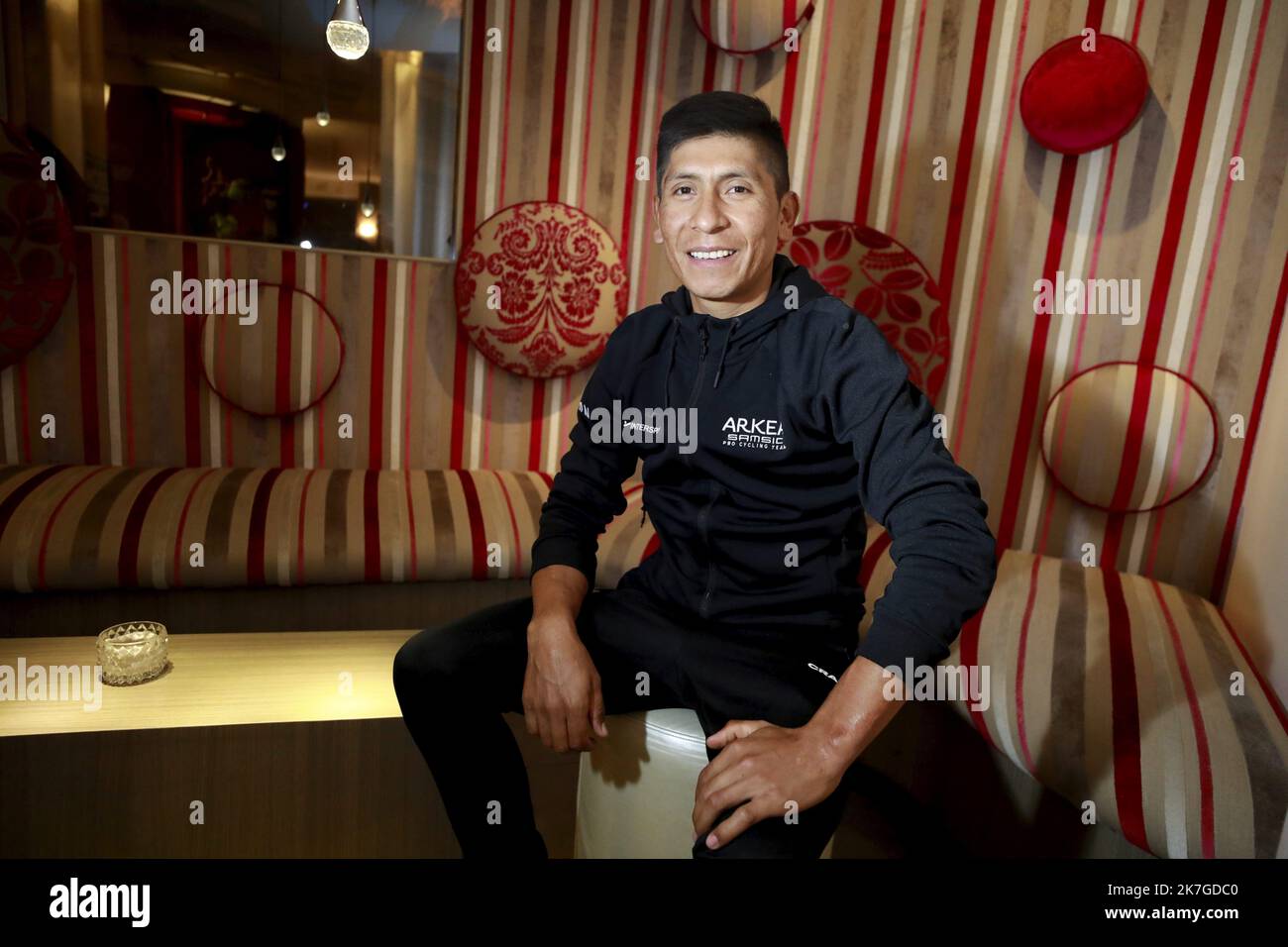 ©PHOTOPQR/NICE MATIN/Dylan Meiffret ; Castagniers ; 16/02/2022 ; CASTAGNIERS, le 16/02/2022, Portrait / interview : Nairo Quintana. Papier romain LARONCHE Banque D'Images