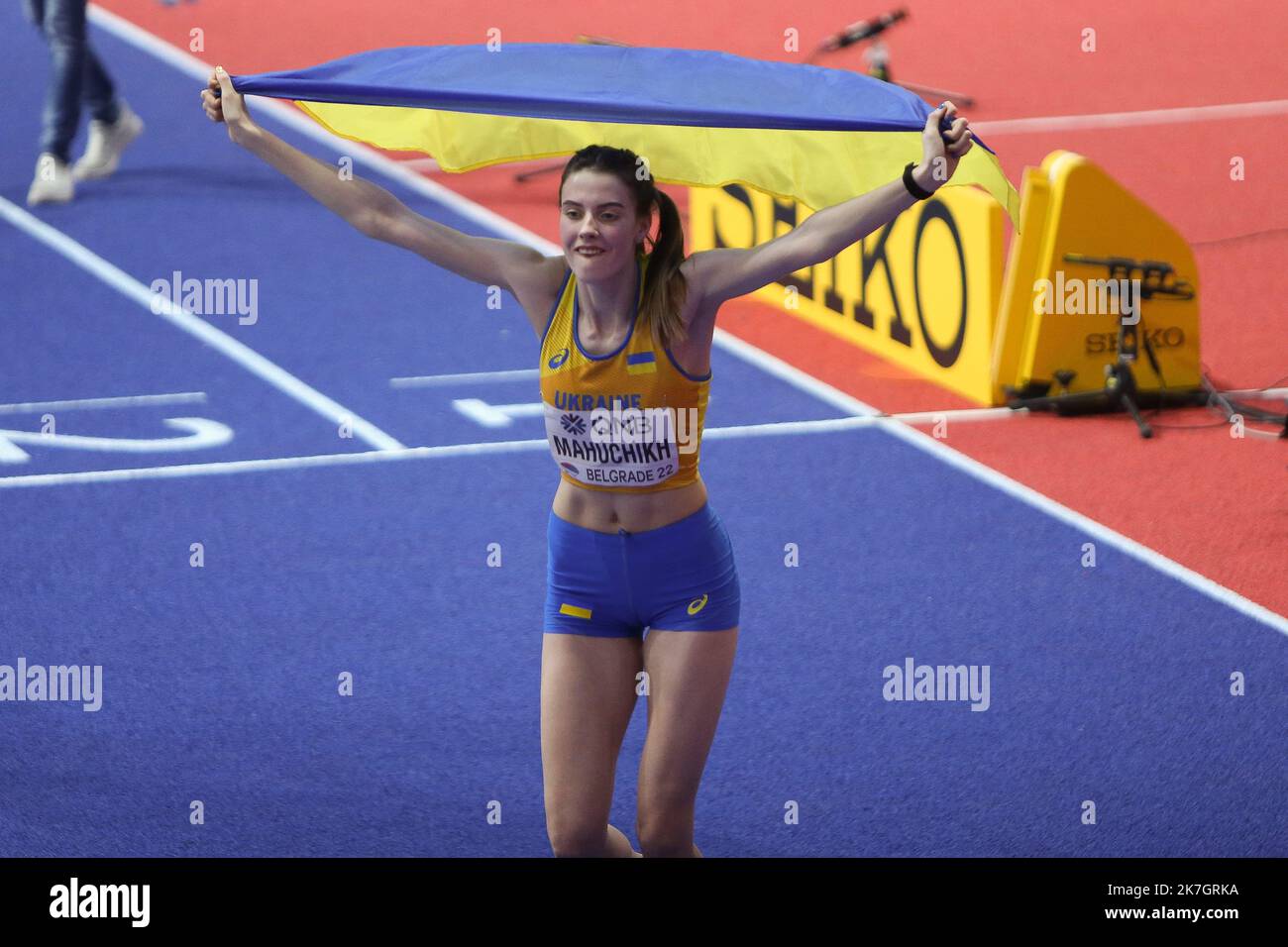 ©Laurent Lairys/MAXPPP - Yaroslava MAHUCHIKH de l'Ukraine finale femmes de saut en hauteur hommes pendant les Championnats du monde d'athlétisme en salle 2022 sur 18 mars 2022 à l'arène Stark à Belgrade, Serbie - photo Laurent Lairys / Banque D'Images