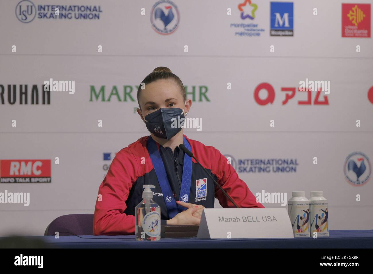 ©Giacomo Italiano/MAXPPP - MONTPELLIER 23/03/2022 Mariah Bell, conférence de presse. Championnats du monde de la patymonnaie artistique a Montpellier en mars 2022. Photographie : Giacomo Italiano / Maxppp - Championnat du monde de patinage artistique à Montpellier, France, sur 23 mars 2022. Banque D'Images