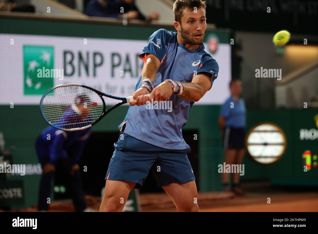 ©PHOTOPQR/LE PARISIEN/Olivier Arandel ; Paris ; 25/05/2022 ; Paris, France Mercredi 25 mai 2022 tennis Roland Garros Corentin Moutet / Rafael Nadal Banque D'Images