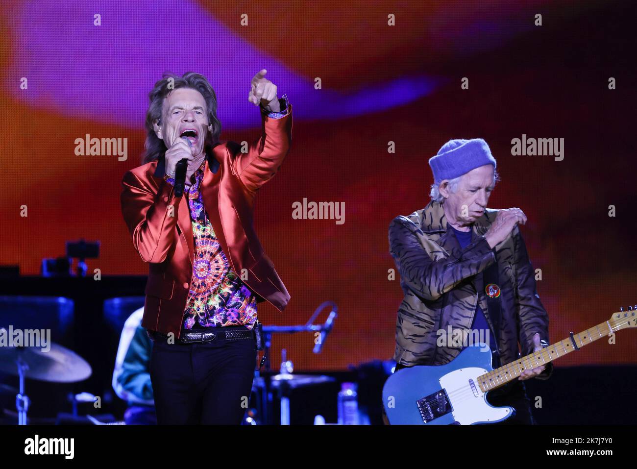 ©PHOTOPQR/LE PARISIEN/Olivier Lejeune ; madrid ; 01/06/2022 ; les Rolling Stones | Madrid Intitulée SOIXANTE, la tournée déjà le 1er juin au stade Wanda Metropolitano. Mick Jagger · Keith Richards ; Ronnie Wood · Stephen Steve' Jordan ; Chuck Leavell - Madrid, Espagne, juin 1st 2022. La visite des Rolling Stones a débuté le 1st juin Banque D'Images
