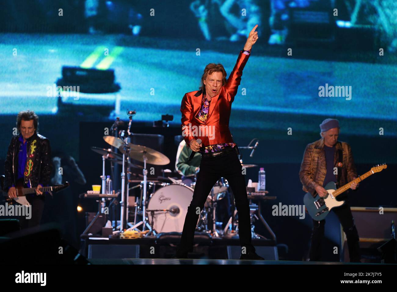 ©PHOTOPQR/LE PARISIEN/Olivier Lejeune ; madrid ; 01/06/2022 ; les Rolling Stones | Madrid Intitulée SOIXANTE, la tournée déjà le 1er juin au stade Wanda Metropolitano. Mick Jagger · Keith Richards ; Ronnie Wood · Stephen Steve' Jordan ; Chuck Leavell - Madrid, Espagne, juin 1st 2022. La visite des Rolling Stones a débuté le 1st juin Banque D'Images