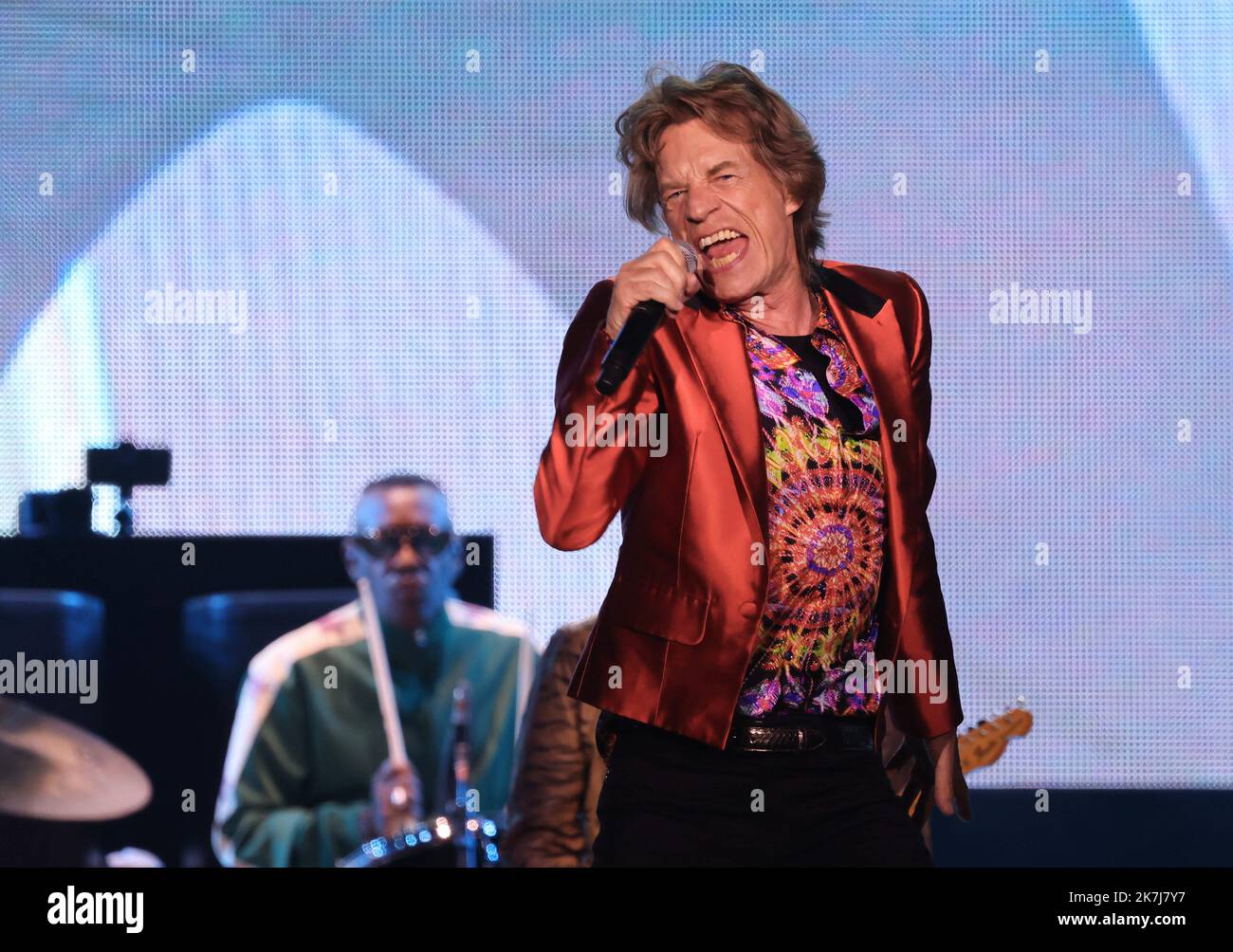 ©PHOTOPQR/LE PARISIEN/Olivier Lejeune ; madrid ; 01/06/2022 ; les Rolling Stones | Madrid Intitulée SOIXANTE, la tournée déjà le 1er juin au stade Wanda Metropolitano. Mick Jagger · Keith Richards ; Ronnie Wood · Stephen Steve' Jordan ; Chuck Leavell - Madrid, Espagne, juin 1st 2022. La visite des Rolling Stones a débuté le 1st juin Banque D'Images