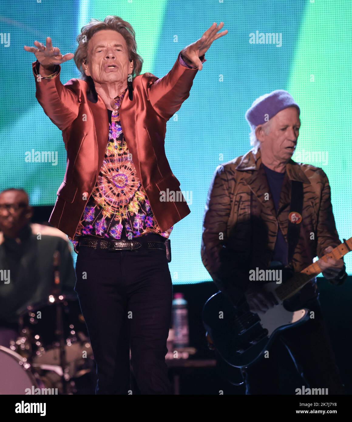 ©PHOTOPQR/LE PARISIEN/Olivier Lejeune ; madrid ; 01/06/2022 ; les Rolling Stones | Madrid Intitulée SOIXANTE, la tournée déjà le 1er juin au stade Wanda Metropolitano. Mick Jagger · Keith Richards ; Ronnie Wood · Stephen Steve' Jordan ; Chuck Leavell - Madrid, Espagne, juin 1st 2022. La visite des Rolling Stones a débuté le 1st juin Banque D'Images
