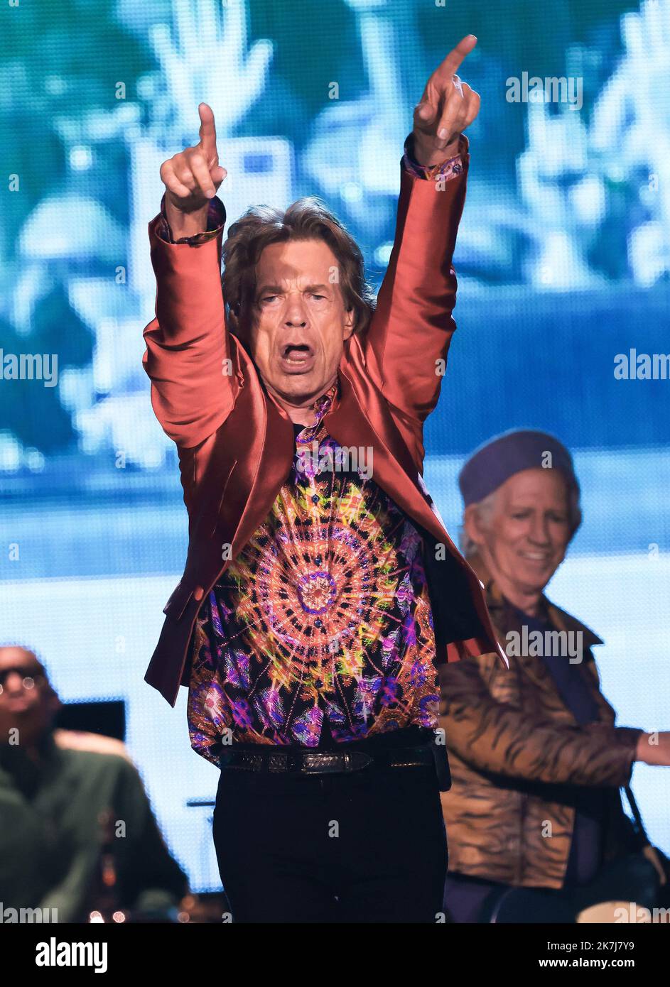©PHOTOPQR/LE PARISIEN/Olivier Lejeune ; madrid ; 01/06/2022 ; les Rolling Stones | Madrid Intitulée SOIXANTE, la tournée déjà le 1er juin au stade Wanda Metropolitano. Mick Jagger · Keith Richards ; Ronnie Wood · Stephen Steve' Jordan ; Chuck Leavell - Madrid, Espagne, juin 1st 2022. La visite des Rolling Stones a débuté le 1st juin Banque D'Images