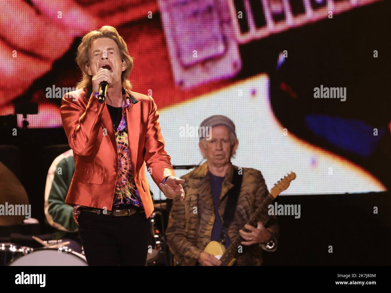 ©PHOTOPQR/LE PARISIEN/Olivier Lejeune ; madrid ; 01/06/2022 ; les Rolling Stones | Madrid Intitulée SOIXANTE, la tournée déjà le 1er juin au stade Wanda Metropolitano. Mick Jagger · Keith Richards ; Ronnie Wood · Stephen Steve' Jordan ; Chuck Leavell - Madrid, Espagne, juin 1st 2022. La visite des Rolling Stones a débuté le 1st juin Banque D'Images