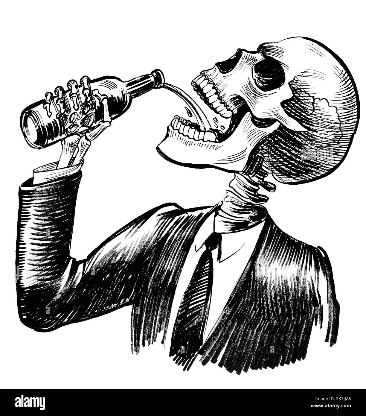 Squelette humain buvant de l'alcool. Dessin noir et blanc Banque D'Images