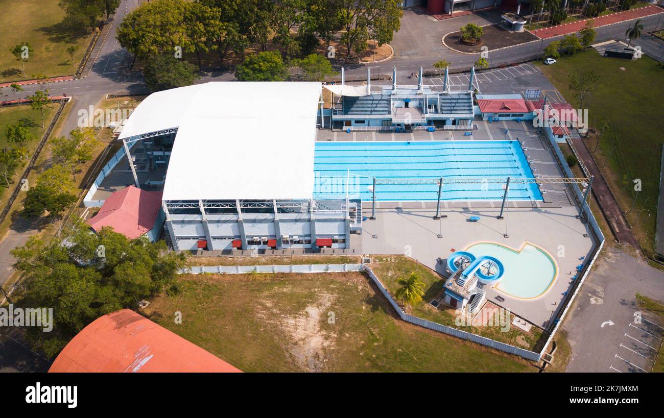 Vue aérienne du complexe de natation. C'est un système d'infrastructure sportive monumental pour la natation. Banque D'Images