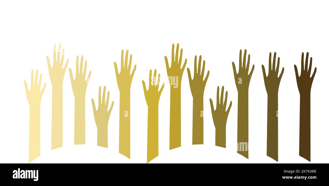 Un ensemble de différentes couleurs de mains soulevées. Groupe de divers hommes bras se levant ensemble. Concept d'égalité des couleurs de la peau, pas de racisme. Illustration vectorielle Illustration de Vecteur