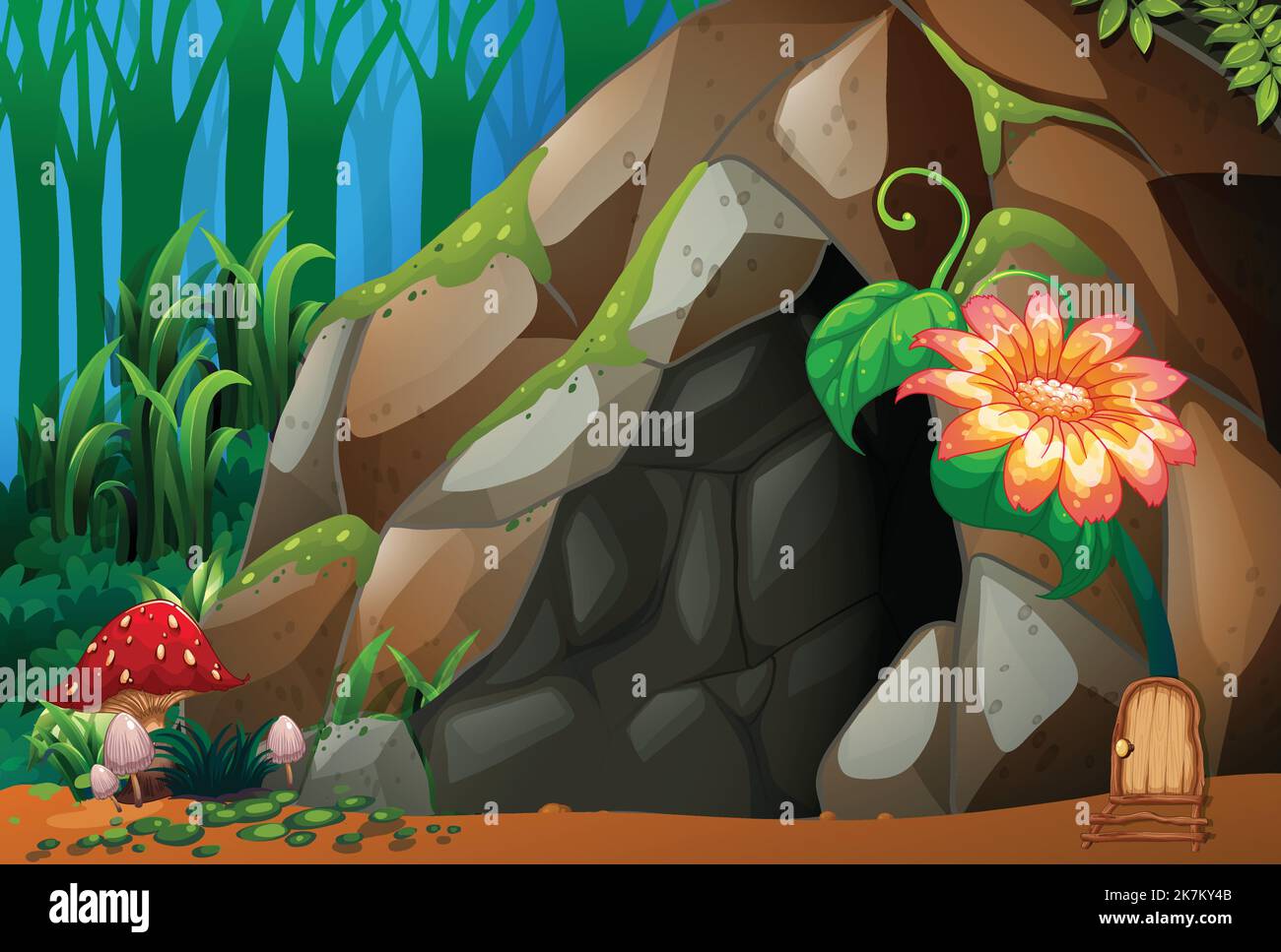 jardin enchanté, forêt, grotte, fleurs et arbres. Illustration de Vecteur