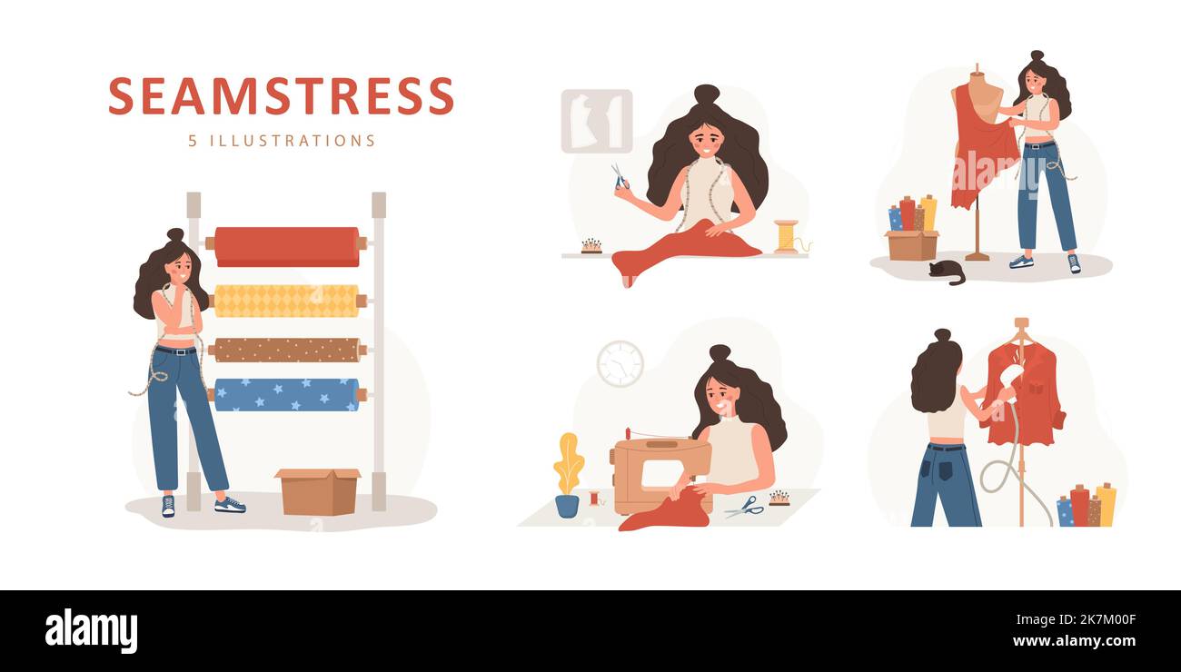 Concept de couture. Femme couturière coupe, prend des mesures et dirige des vêtements. Couturier ou couturier. Illustration vectorielle à plat Illustration de Vecteur