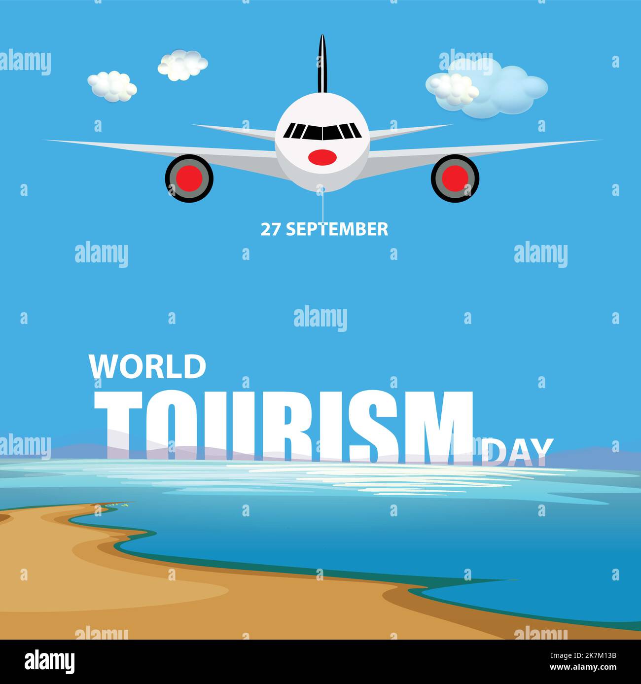 Journée mondiale du tourisme 27 septembre magnifique typographie avec plage, océan, ciel et illustration de vecteur d'avion. Illustration de Vecteur