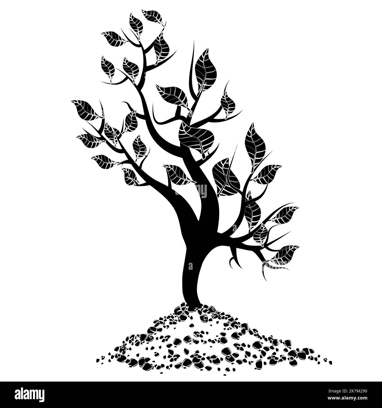 Silhouette noire d'une jeune pousse d'arbre avec des feuilles en tas de sol isolées sur blanc. Elément de conception vectoriel. Illustration de Vecteur