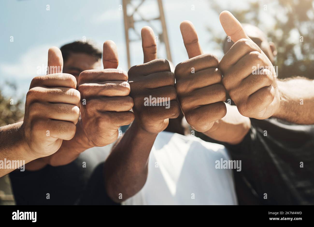 Équipe sportive, hommes et pouces de succès dans la motivation d'entraînement de forme physique, la confiance d'entraînement et le soutien de la communauté d'exercice. Zoom, amis et basket-ball Banque D'Images