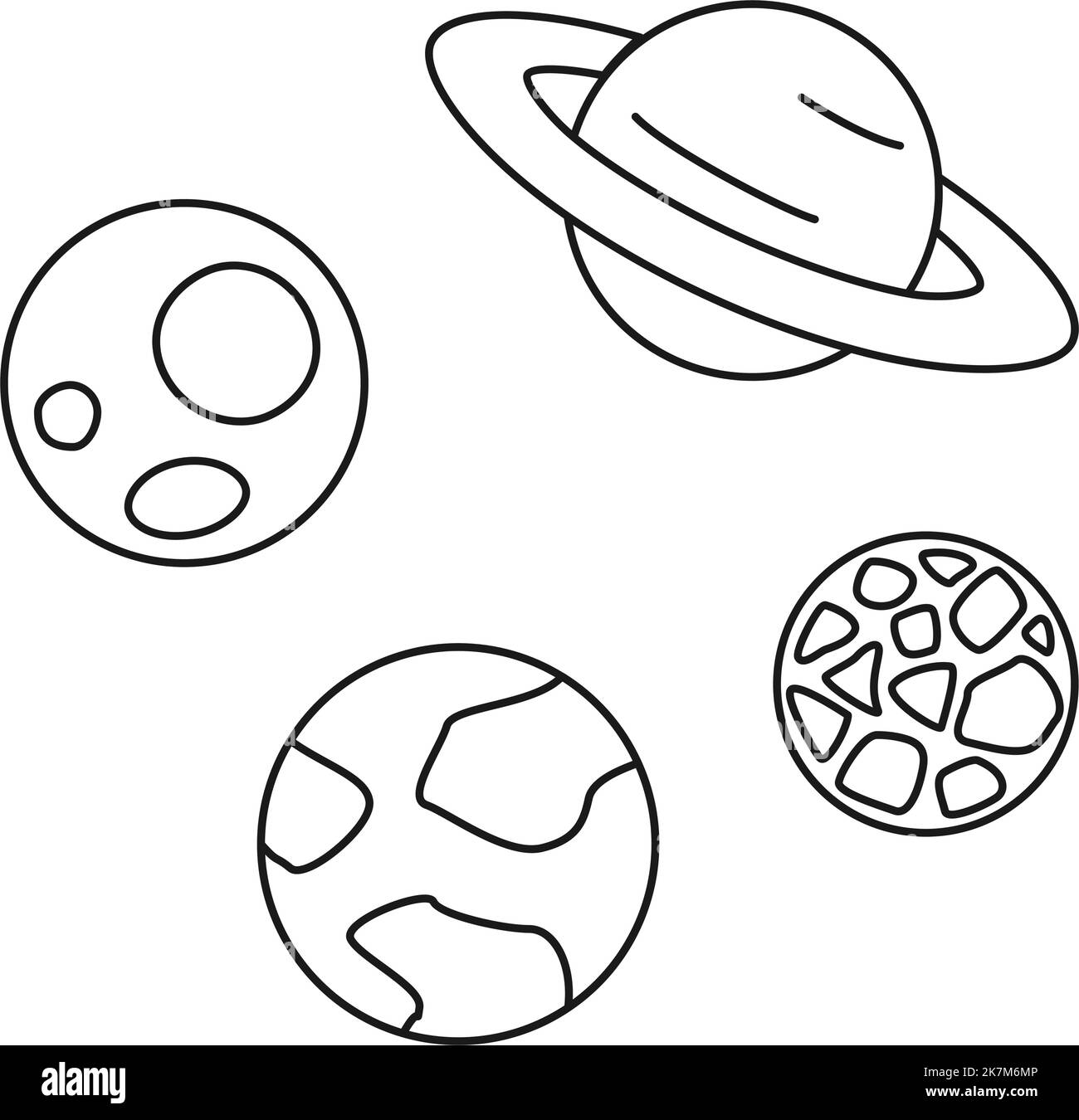 Ensemble noir et blanc de 4 planètes pour colorier le méditaion. Illustration vectorielle thématique de l'exploration scientifique pour l'icône, l'emblème, l'affiche, le site ou le décorat d'articles Illustration de Vecteur