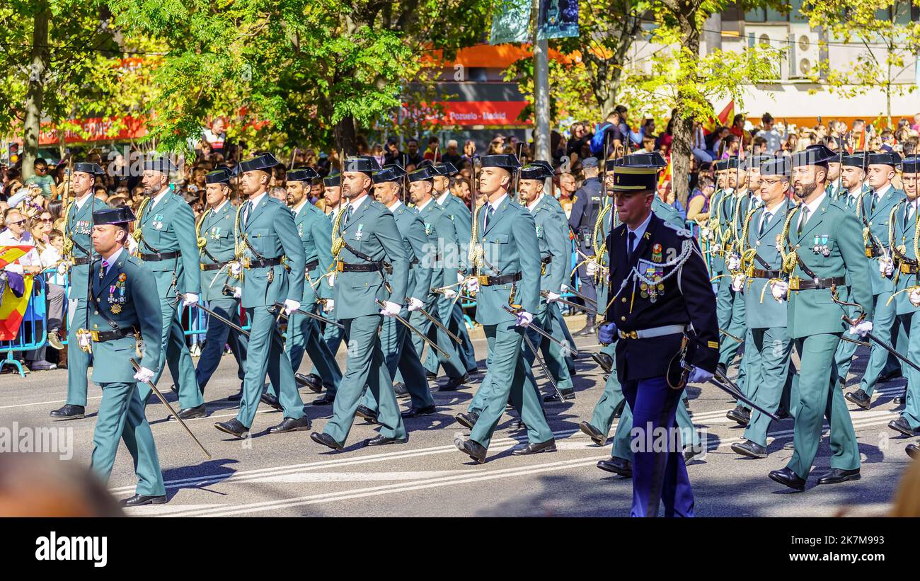 Madrid, Espagne, 12 octobre 2022 : défilé de la Garde civile dans les rues de Madrid le jour de Christophe Colomb. Banque D'Images