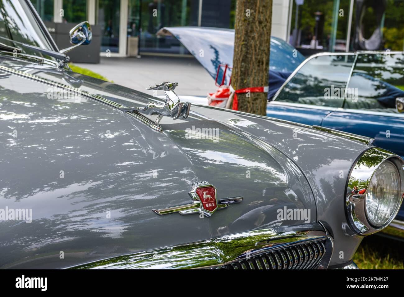 BADEN BADEN, ALLEMAGNE - JUILLET 2019: symbole de cerf logo emblème signe sur le capot de la voiture familiale Combi universelle grise russe GAZ 22 21 VOLGA 1962 1970 Estate Banque D'Images