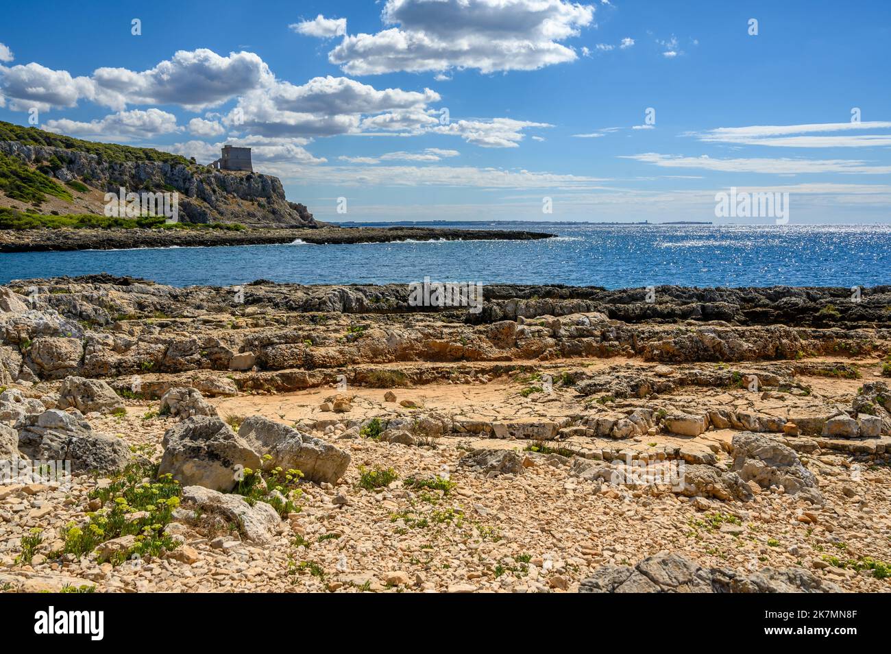 Le paysage accidenté du parc naturel régional de Porto Selvaggio avec la plage de la crique rocheuse et Torre dell'Alto, Apulia (Puglia), Italie. Banque D'Images