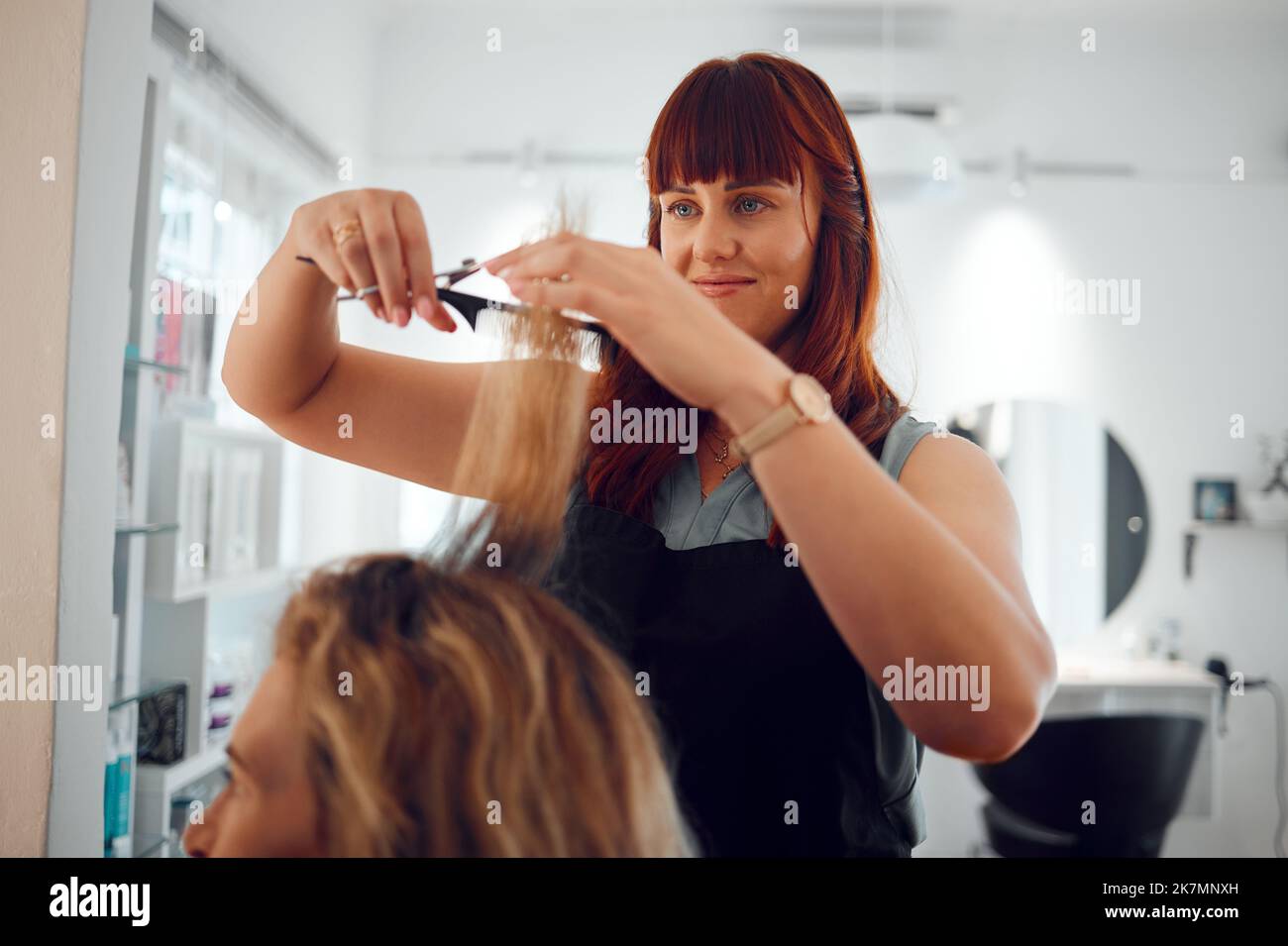 Coupe de cheveux, ciseaux et beauté avec une femme coiffeur coupant les cheveux d'un client pendant un rendez-vous. Cheveux, le style et la coupe avec une femme ouvrier et Banque D'Images