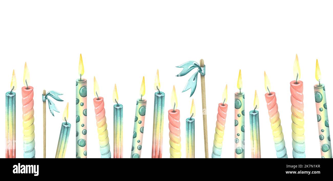 Bougies festives, arc-en-ciel avec lumières et drapeaux sur bâtons. Illustration aquarelle. Bannière horizontale provenant d'un grand ensemble de Joyeux anniversaire. Pour le Banque D'Images