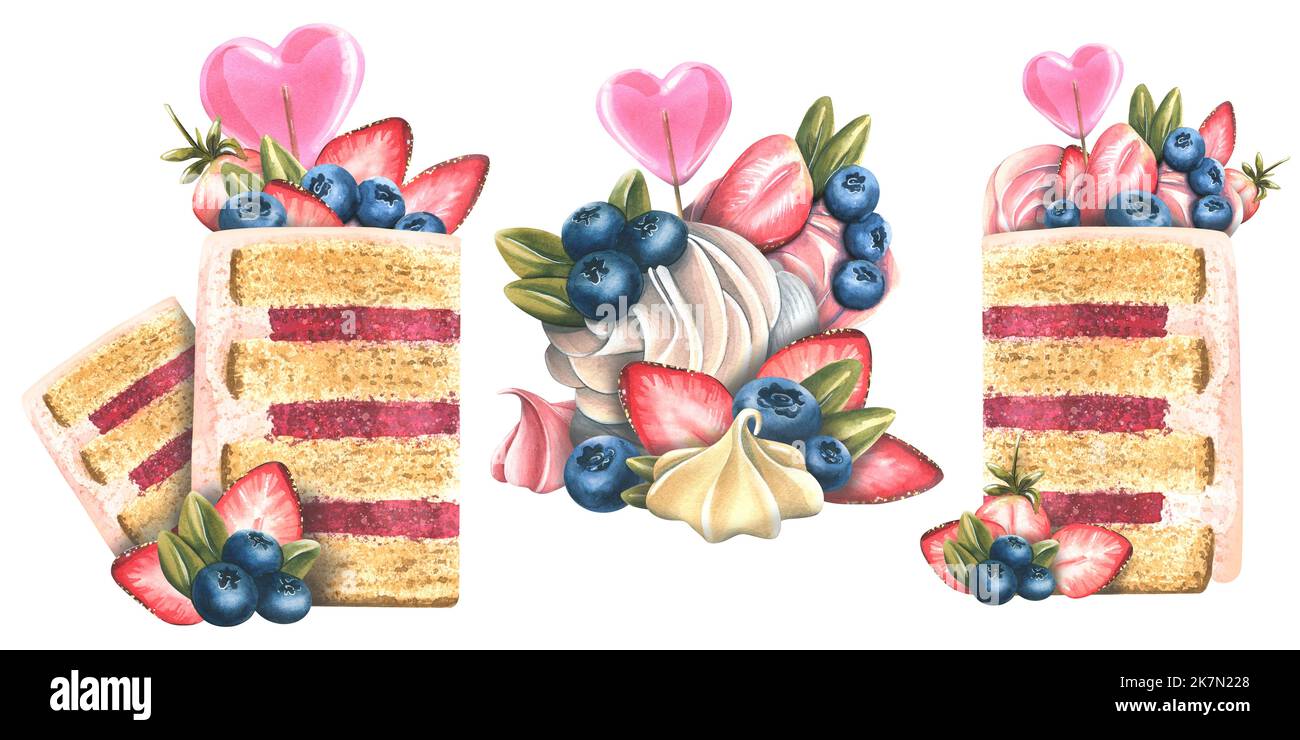 Tranches de gâteau et petits gâteaux à la crème, aux baies, aux sucettes et à la meringue. Illustration aquarelle. Objets de la collection BONBONS. Pour la décoration et Banque D'Images