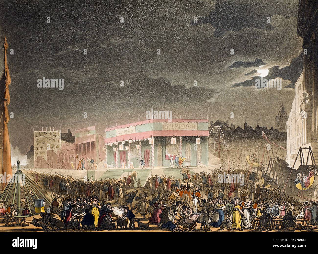 Bartholomew Fair. Vers 1808. La foire a été un événement annuel de 1133 à 1855. Après un travail d'August Pugin et Thomas Rowlandson dans le microcosme de Londres, publié en trois volumes entre 1808 et 1810 par Rudolph Ackermann. Pugin était l'artiste responsable des éléments architecturaux des images microcosmes; Thomas Rowlandson a été embauché pour ajouter les figures humaines animées. Banque D'Images